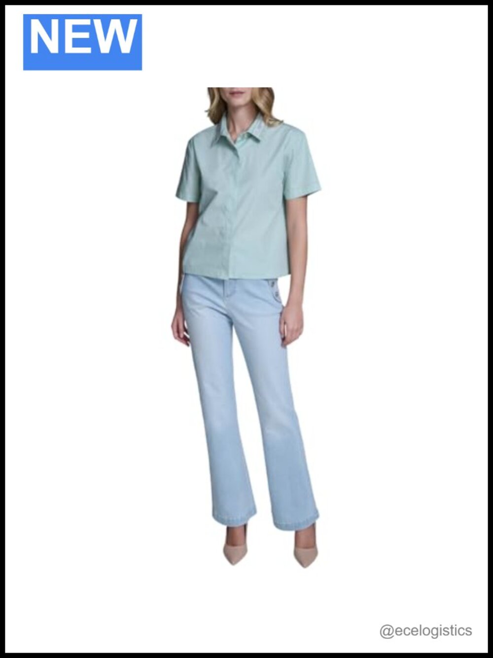 Karl Lagerfeld Blouse Button Down Crop Top Cotton Short Sleeve Collared Shirt